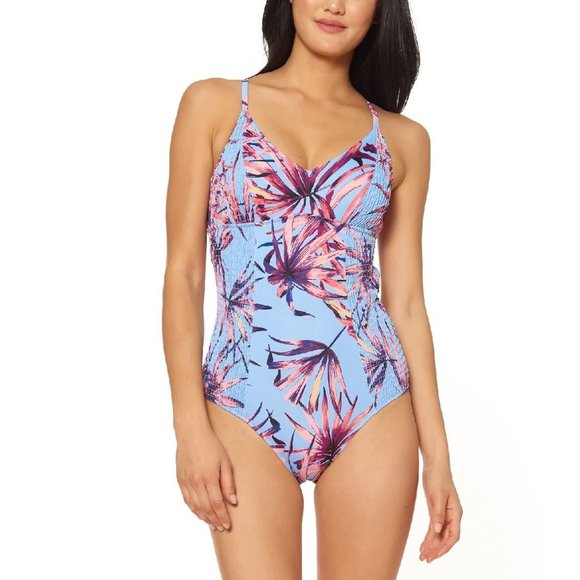 Jessica Simpson Printed Smocked-Sides Swimsuit - Picture 1 of 7